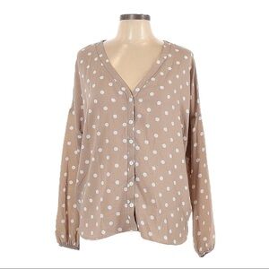 🌺 My Story Classic Polka Dot Beige Long Sleeve Crepe Button Down Blouse Size L
